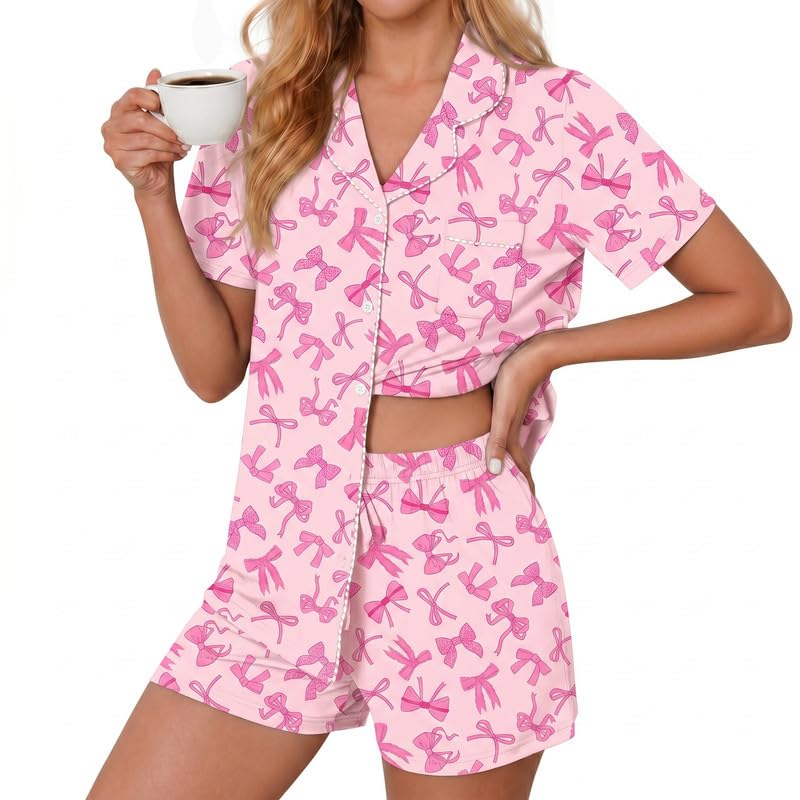 Image of Ekouaer Womens Pajamas Set Button Down Pjs Lounge Sets Short Sleeve Sleepwear Soft Loungewear Nigthwear