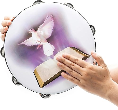 Vista 4 de Pandereta de 10 pulgadas con doble fila para adultos, pandereta de tambor de palmera para orar, iglesia, fiesta, instrumento musical