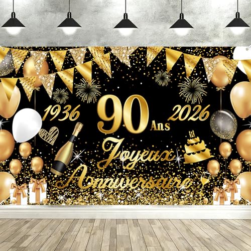 Seutgjie Banderole Joyeux 90 Ans 1936-2026, Décoration 90 Ans Femme Homme Toile de Fond Anniversaire, Bannière Joyeux Anniversaire pour Fête, Or Noir 180 x 110 cm