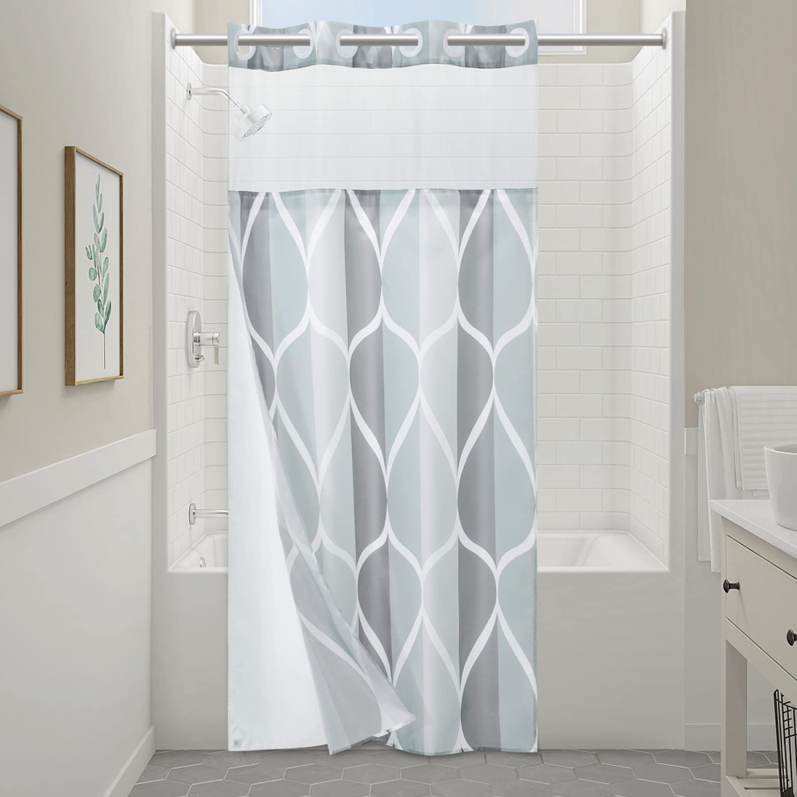 Yiatn No Hook Grey Small Stall Shower Curtain with Snap in Fabric Liner Set - Hotel Style with See Through Mesh Top Window, Modern Geometric Waterdrop Design,Water-Repellent & Washable, 36x74 INCH
