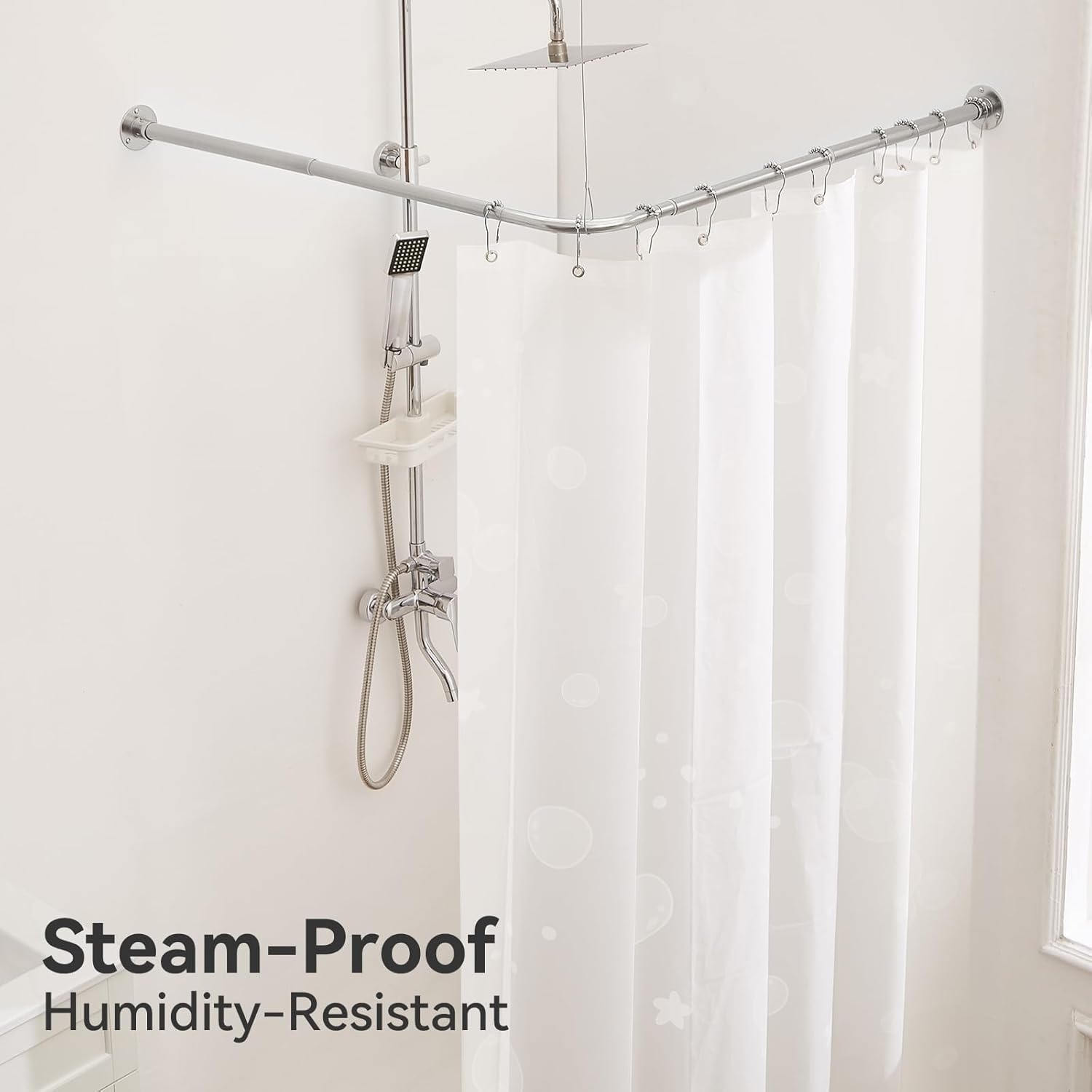 L Shaped Corner Shower Curtain Rod, Adjustable [24.3" - 47.6"] x [24.3" - 47.6"] 90 Degree Dual-Slide Shower Curtain Rod with 12 Hooks & Ceiling Support for Bathroom Bathtub - Brushed Nickel
