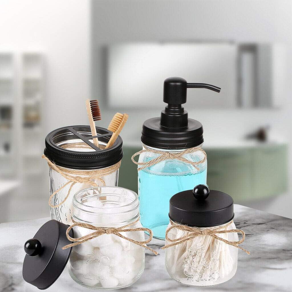 Aebor Mason Jar Bathroom Accessories Set(4 Pcs)-Foaming Soap Dispenser &2 Cotton Swab Holder Set &Toothbrush Holder(Black)