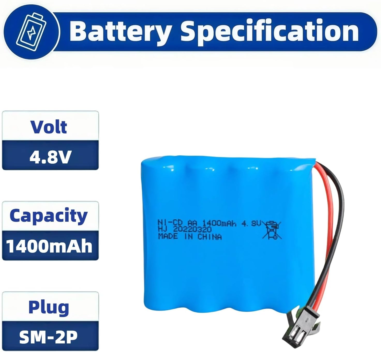 2 Pcs 4.8v 1400mah Ni-Cd Rechargable SM-2P Battery with 2 x USB Cable for SY-E511 RC Excavator 1/16 Scale RC Trucks and 1/18 Doulbe E RC Crawler RC Cars RC Boat