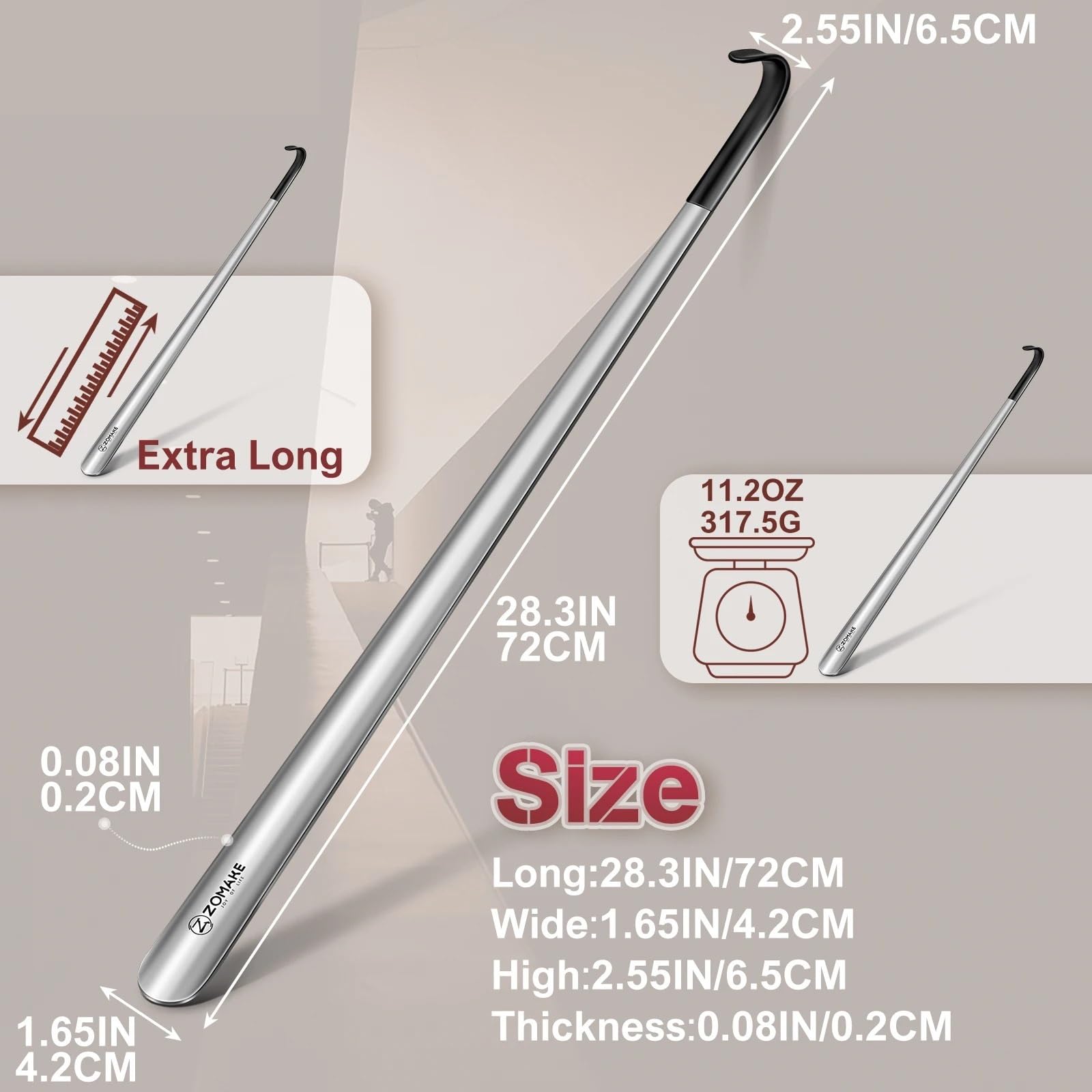 Calzador Cuchara for zapatos de 72 cm, acero inoxidable, con mango extra largo, for personas mayores embarazadas, larga, fuerte y flexible, ayuda for levantar