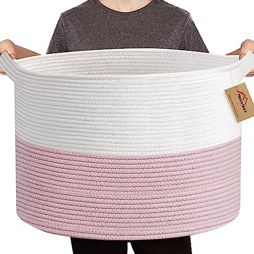 MEGASKET Pink Storage Baskets for Organizing, 22"X22"X14" XXXL Blanket Basket Living Room, Large Toy Basket, Soft Pink Cotton Rope Woven Baskets for Storage, Decorative Gifts Basket Bins for Nursery