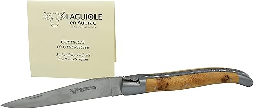 Laguiole en Aubrac Cuchillo plegable de lujo hecho a mano, doble chapado, 4.8 pulgadas (4.7 in), mango de madera de enebro, forjado a mano, soportes