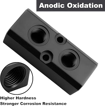 Air Manifold, 2 Way 4 Port Air Compressor Manifold, Air Hose Inline Manifold Block Splitter, Pneumatic Manifold Air Distribution Block, NPT 1/2 Inch Supply Port, NPT 1/4 Inch Output Port(BLACK)