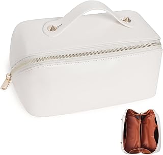 Travel Makeup Bag,Large Opening Makeup Bag,Portable Makeup Bag Opens Flat for Easy Access, Toiletry Bag,PU Leather Makeup Bag,Large Cosmetic Organizer for Women Girls, White, Portable Makeup Bag Opens Flat for Easy Access