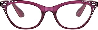 SA106 Womens Bling Rhinestone Plastic Cat Eye Horn Rim Powered Reading Glasses Burgundy 1.25
