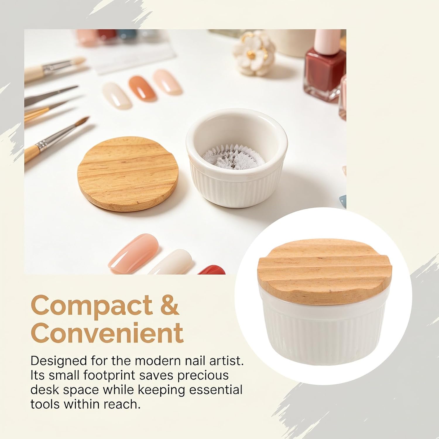 2pcs Nail Brush Cleaning Cup with Spiral Steel Bristles and Curved Wooden Cap Nail Pen Wash Cup and Pens Easy One-handed Access Organized Workspace for Home Use