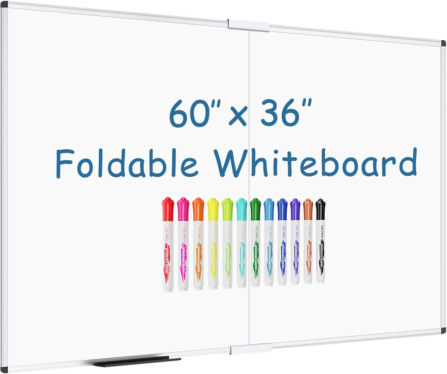 VIZ-PRO Large Dry Erase White Board/Magnetic Foldable Whiteboard, 60 X 36 Inches, Silver Aluminium Frame, with 12 Colored Whiteboard Pens