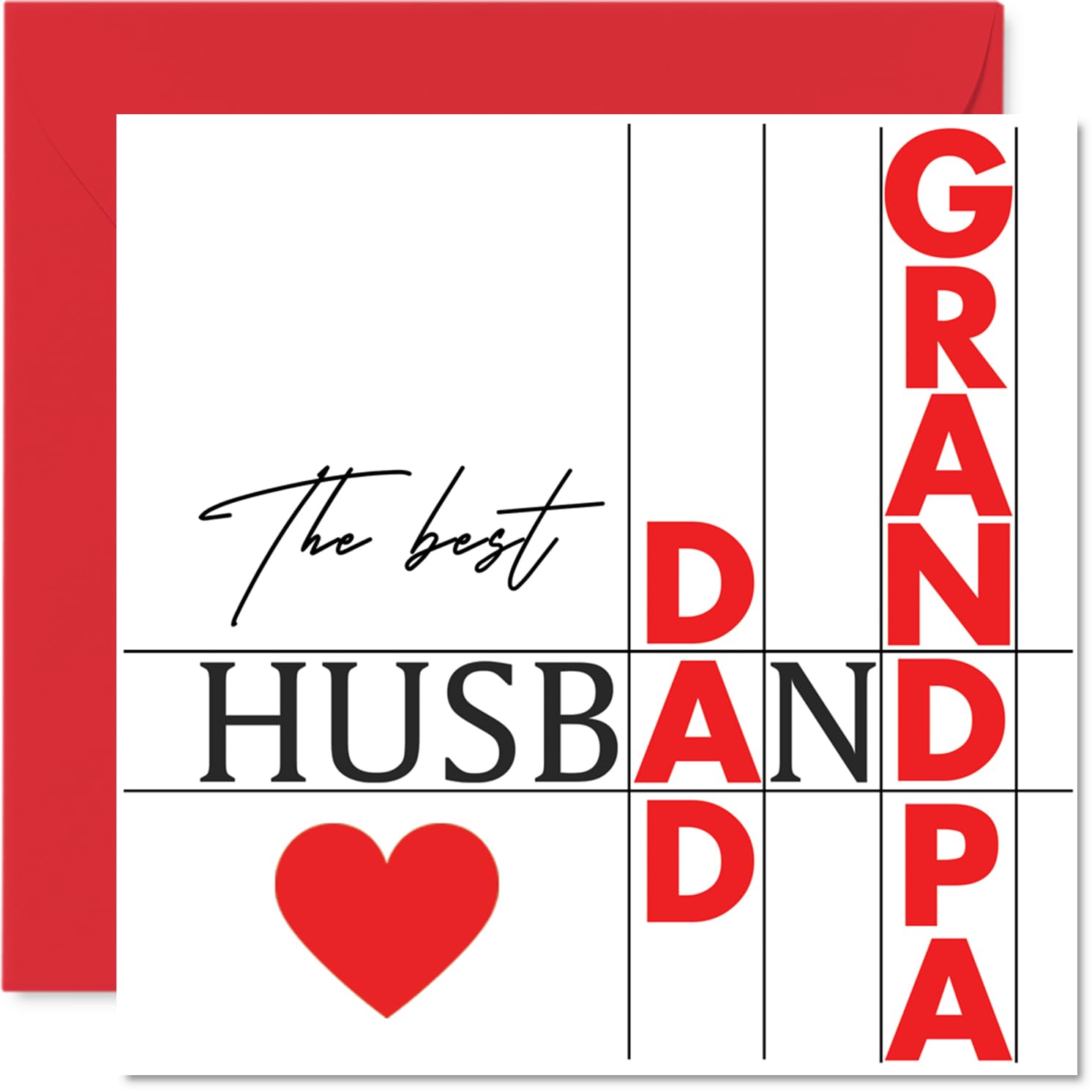 Heartfelt Anniversary Card for Husband - Celebrating the Best Husband, Dad and Grandpa - Bold Red and Black Heart Design, Father's Day - 145mm Square, Envelope Included