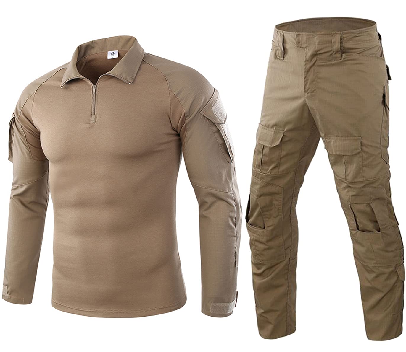 Uugood Military T-Shirt Trouser Combat Shirt Suits Camouflage Long Sleeve Uniform Sets Tactical Shirt Suits for Airsoft Paintball Hunting, Khaki, M