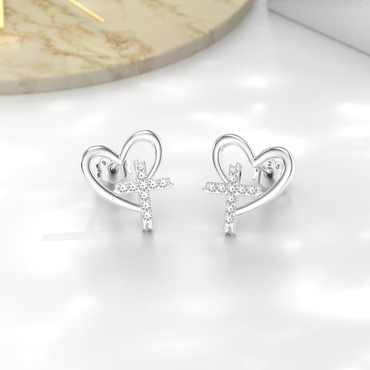 Diamond Heart Cross Stud Earrings for Women 925 Sterling Silver 0.13 CTTW Lab Grown Diamond Earrings Jewelry Gifts for Mom Wife Girlfriend Daughter Sister