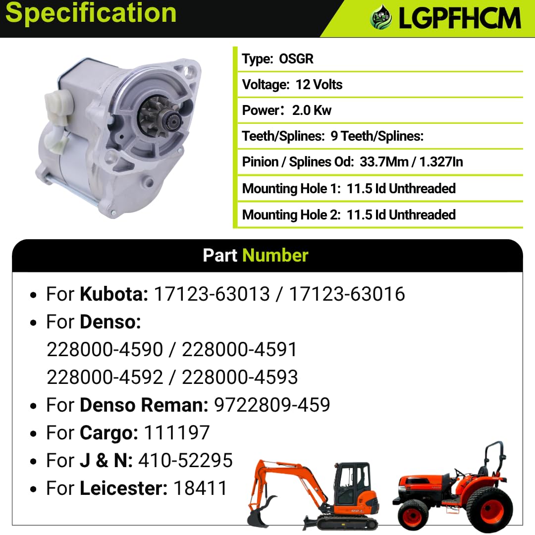 12V 9T Starter Motor 17123-63013 17123-63016 for Kubota Engine V2203MEBH for Kubota Excavator KX121-3 KX161-3 Tractor L3430HSTC L4330HSTC L4740GST L48 L5030GST L5040GST L5240HST L5740HST 2.0KW