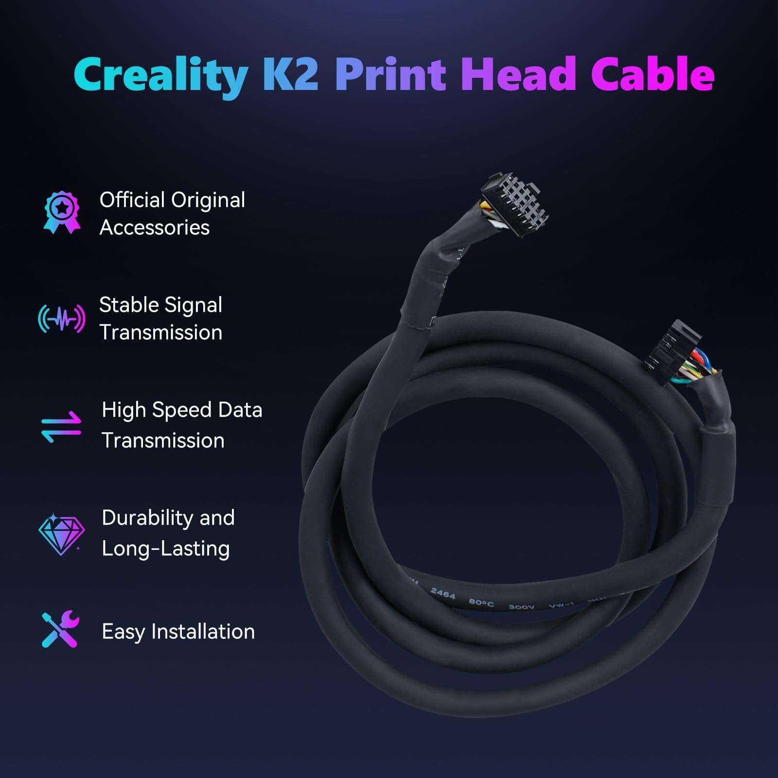 Creality Oficjalny kabel zasilający K2, Hotend, kabel przyłączeniowy do drukarki 3D, akcesoria do drukarki 3D, odporny na wysokie temperatury zamiennik płaskiego kabla FPC, kompatybilny z OEM, Plug