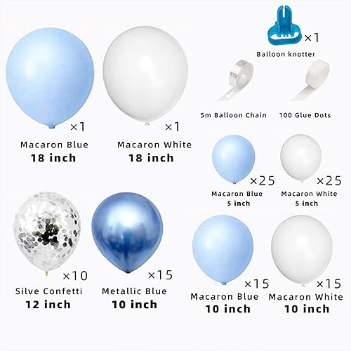 Miniatura 2 de Kit de guirnalda de globos azules y blancos, paquete de 107 globos de diferentes tamaños, globos de látex de confeti azul claro y blanco plateado