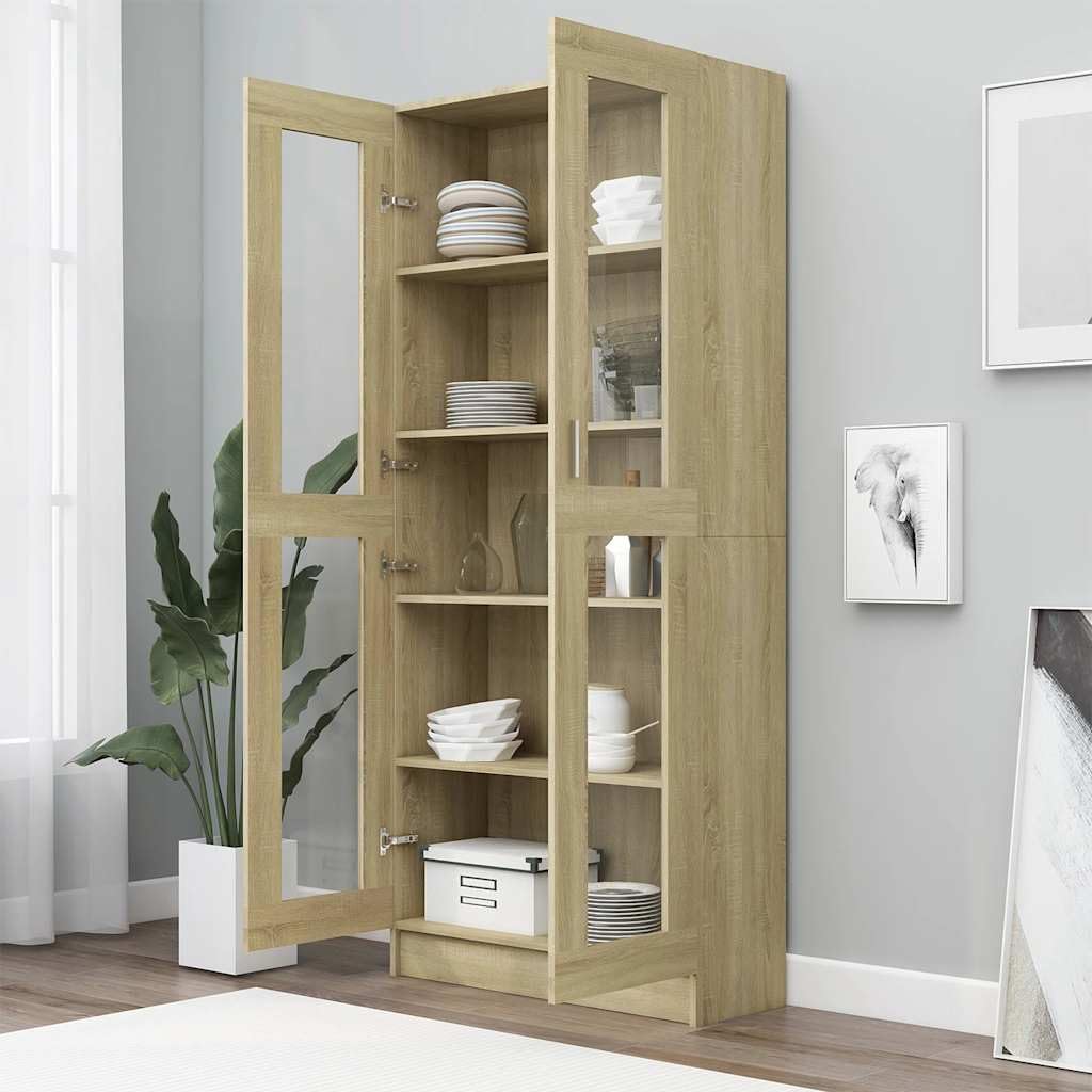 Vitrina de roble Sonoma, 82,5 x 30,5 x 185 cm, estantería de madera con puertas de cristal, amplio armario de almacenamiento para salón, estudio y oficina