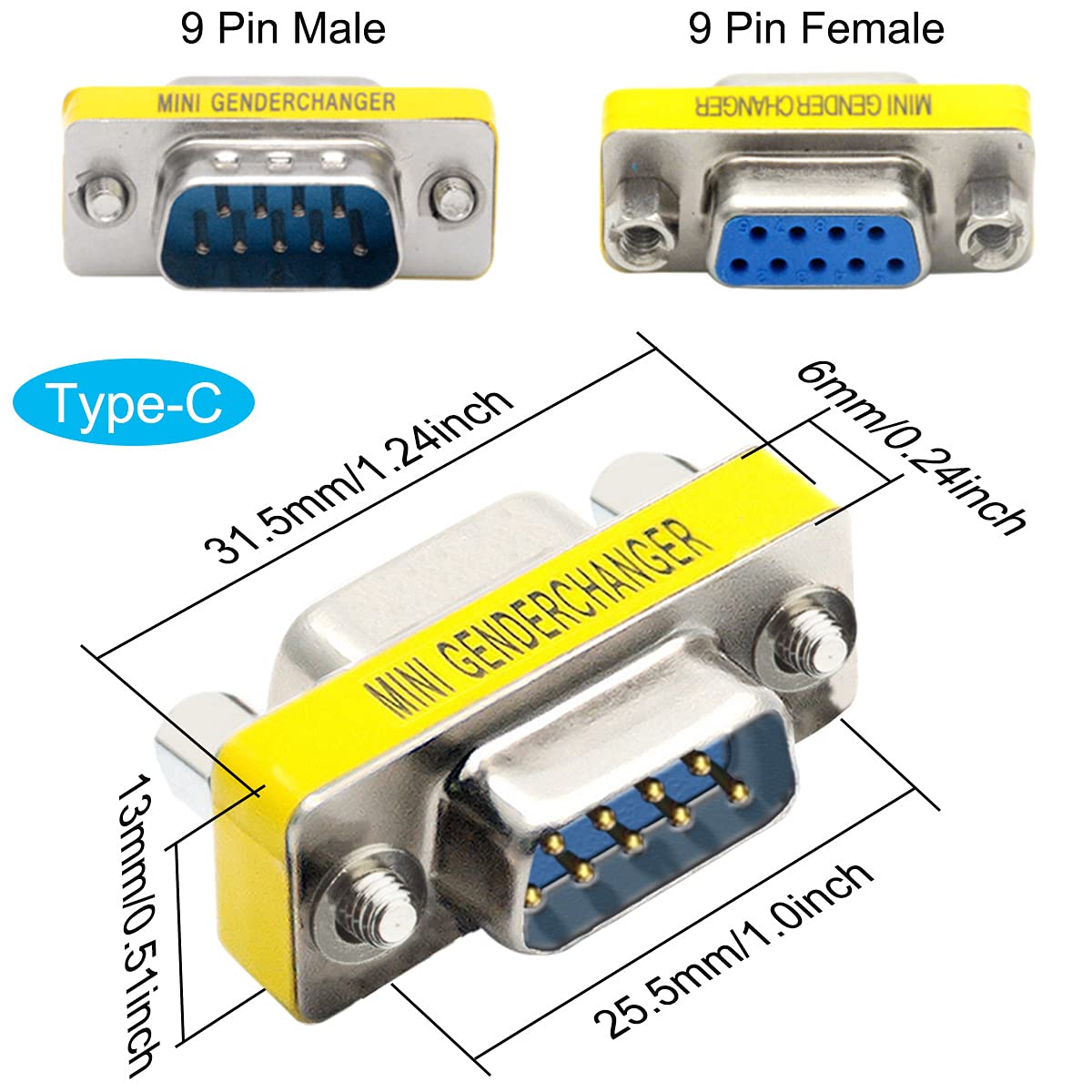 6 szt. DB9 męski do męskiego/żeńskiego do żeńskiego, RS232 Gender Changer, 9-pinowy adapter do transmisji danych szeregowych