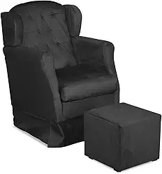 Vit Decor Kit Poltrona de Amamentação Malu Bege com Puff Balanço Suave Capitonê - Conforto Ergonômico para Quarto de Bebê, Berçário e Descanso da Mamãe (Preto)