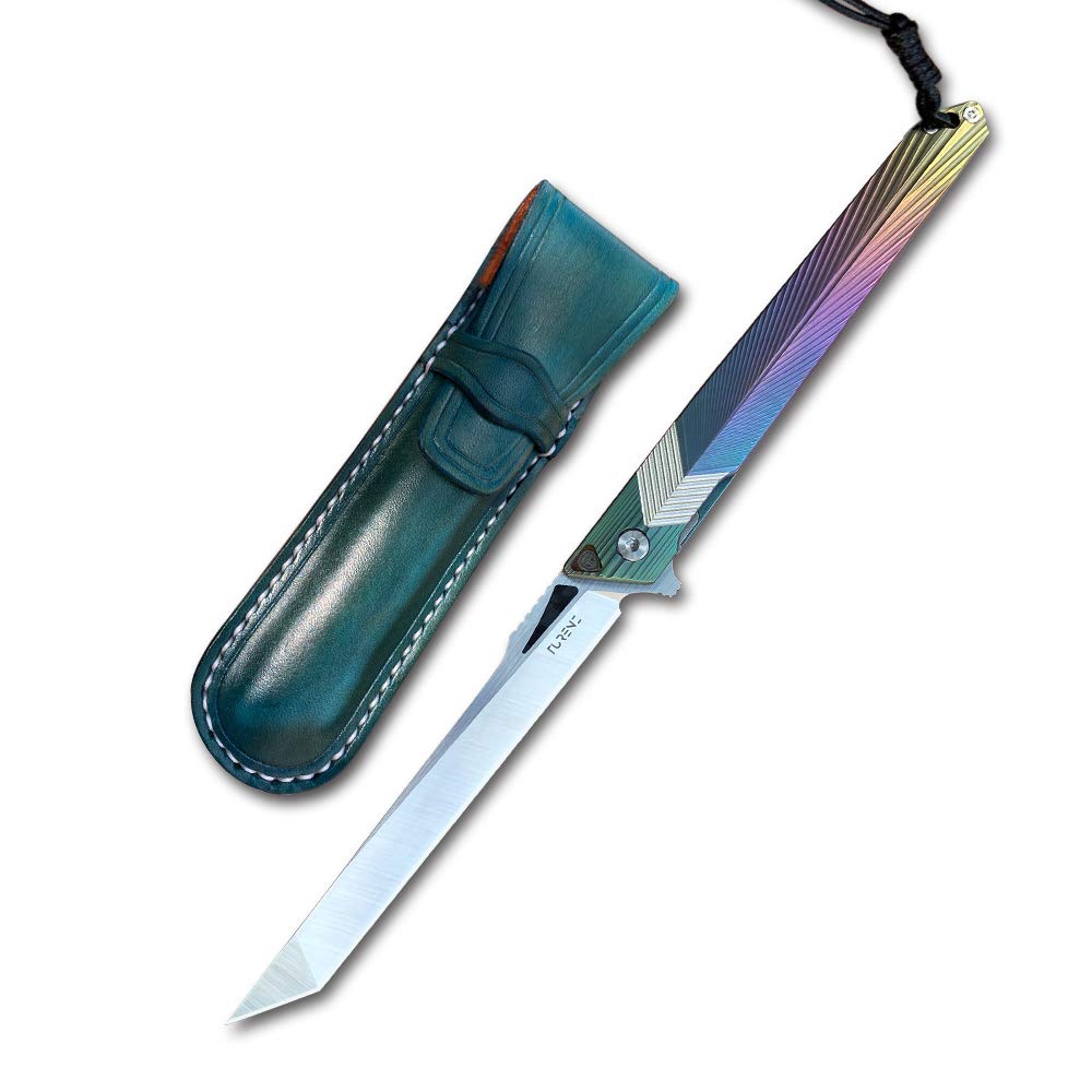 TURENZ Bohler M390/14C28N Steel Flipper Silm Folding Pocket Knife with Sheath,Titanium Alloy Handle, EDC for Men