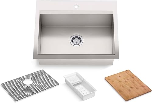 KOHLER Fregadero de cocina Task K-80086-1PC-NA de doble montaje de acero inoxidable, fregadero de estación de trabajo de 27", grifo de 1 agujero,