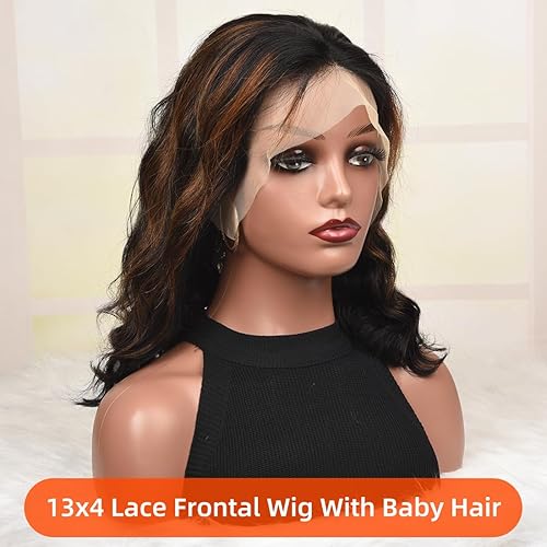 Miniatura 5 de CIYOO Peluca de cabello humano con reflejos degradados 1B30 de 14 pulgadas, peluca Bob ondulada suelta con reflejos HD de 13 x 4, peluca de cabello