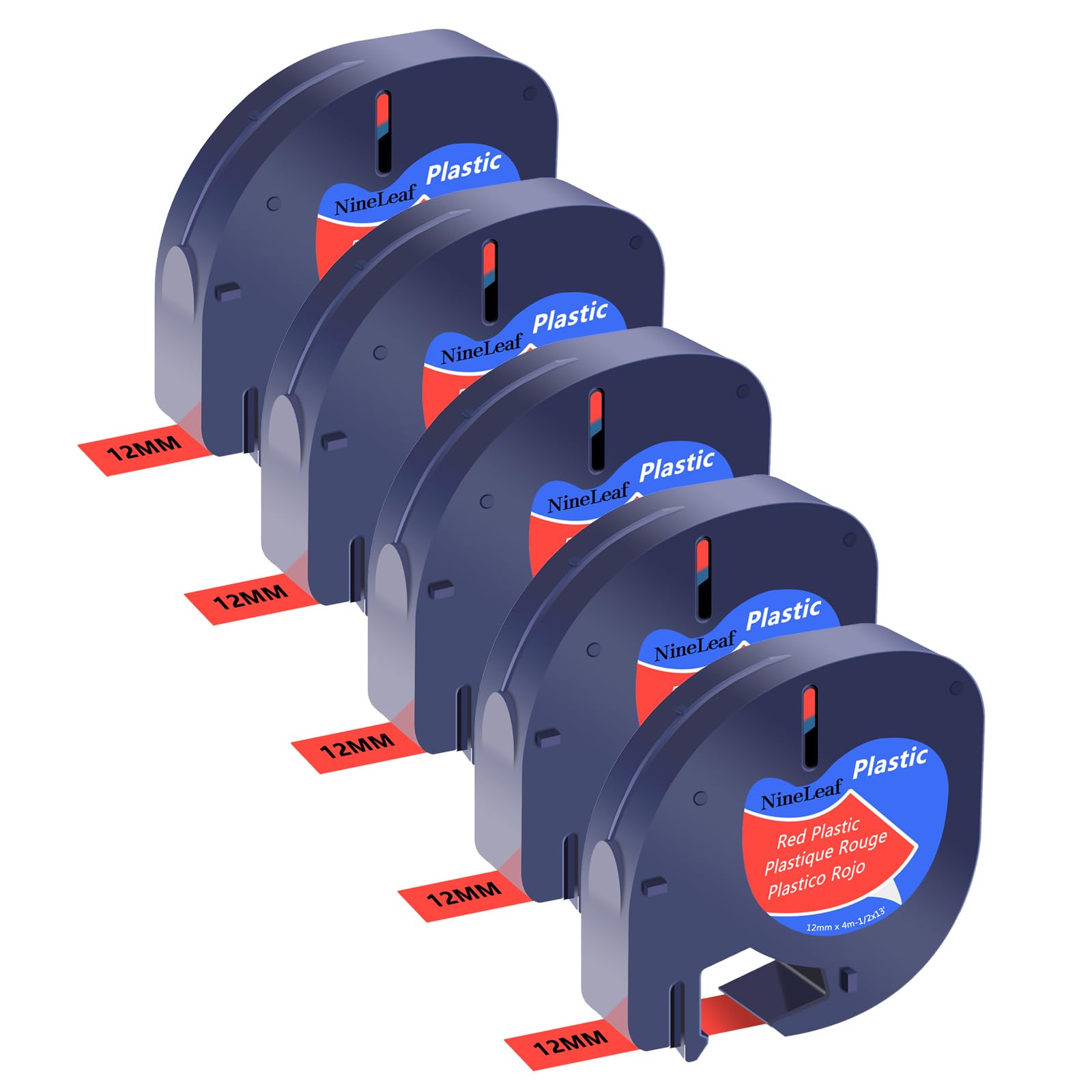 NineLeaf 5 Pack Compatible with Dymo LetraTag Label Maker Tape Refills 91203 91333 S0721630 12mm x 4m Black on Red Plastic Label Tapes for Dymo Letratag Label Printers LT100H LT100T Plus 200B QX50 XM