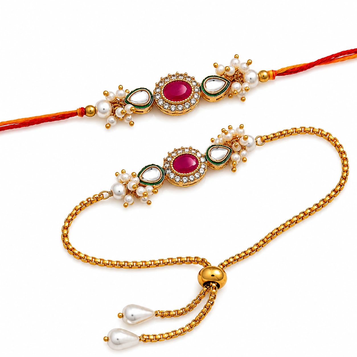 premium bhaiya bhabhi rakhi set | kundan rakhi & designer lumba bracelet | traditional raksha bandhan rakhis pair for brother & bhabhi (multi-colored)