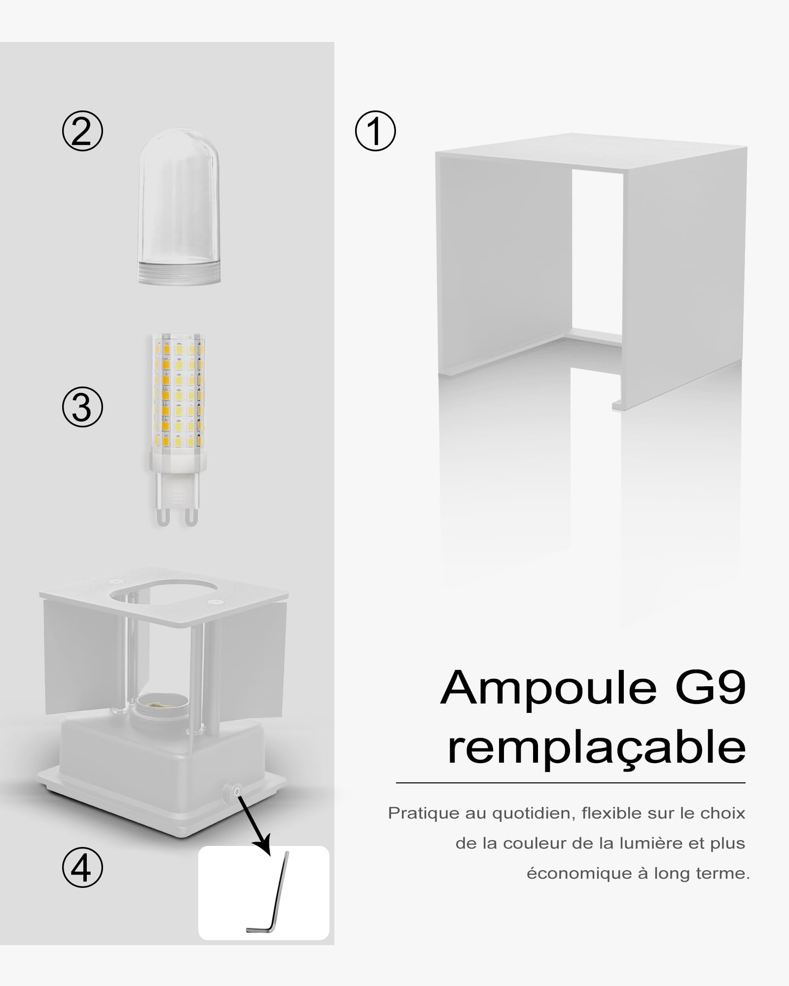 Applique Murale LED Intérieur et Extérieur, Lot de 2, Blanc Chaud 3000K, Ampoule G9 Remplaçable, Étanche IP65, 9W 700 Lumens, Angle de Faisceau Réglable 0-120°, Aluminium, Blanc Sable