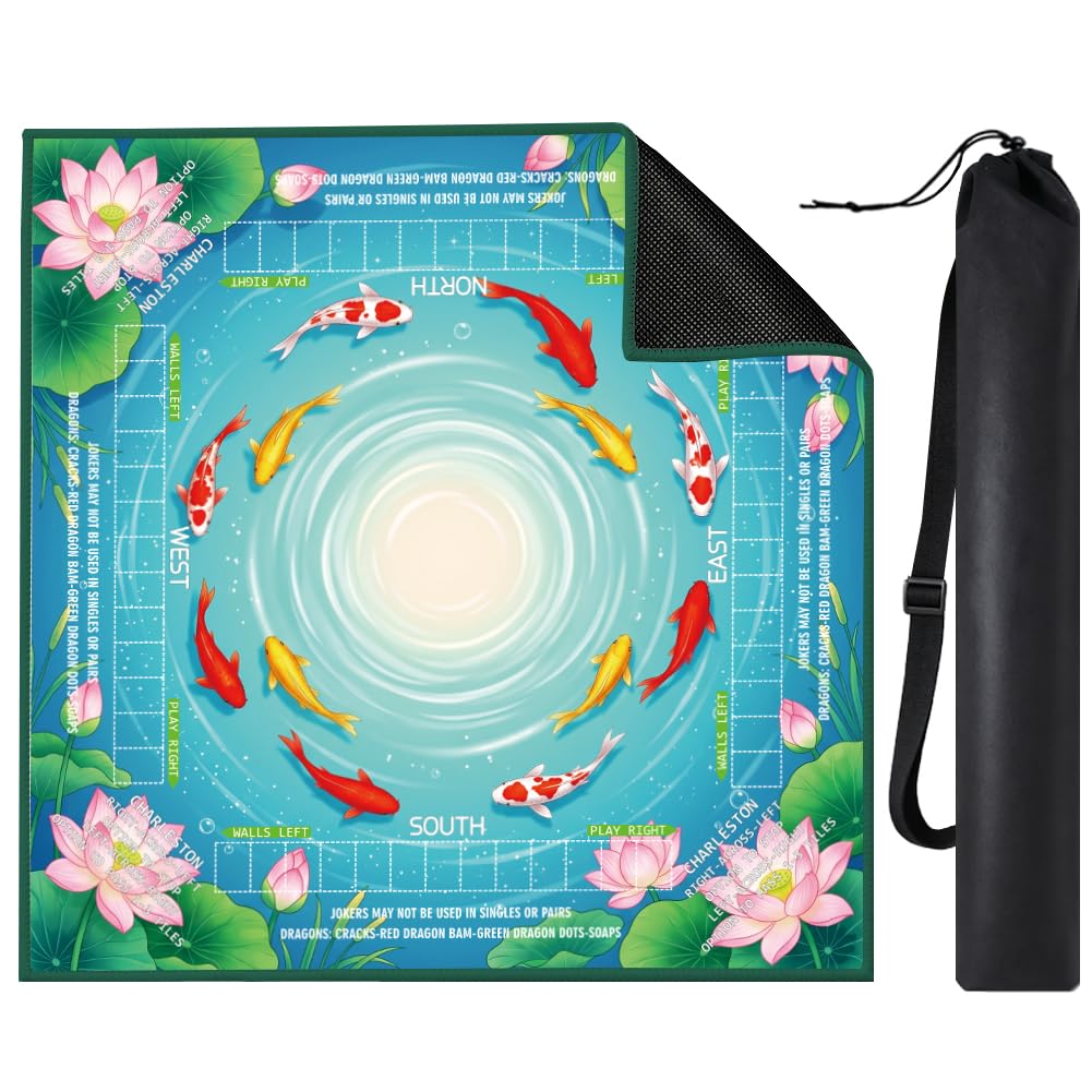 FINGERINSPIRE Tappetino portatile Mahjong con motivo pesce loto, con borsa per il trasporto, 80 x 80 cm, antiscivolo, antirumore, in stile cinese, adatto per giochi di carte