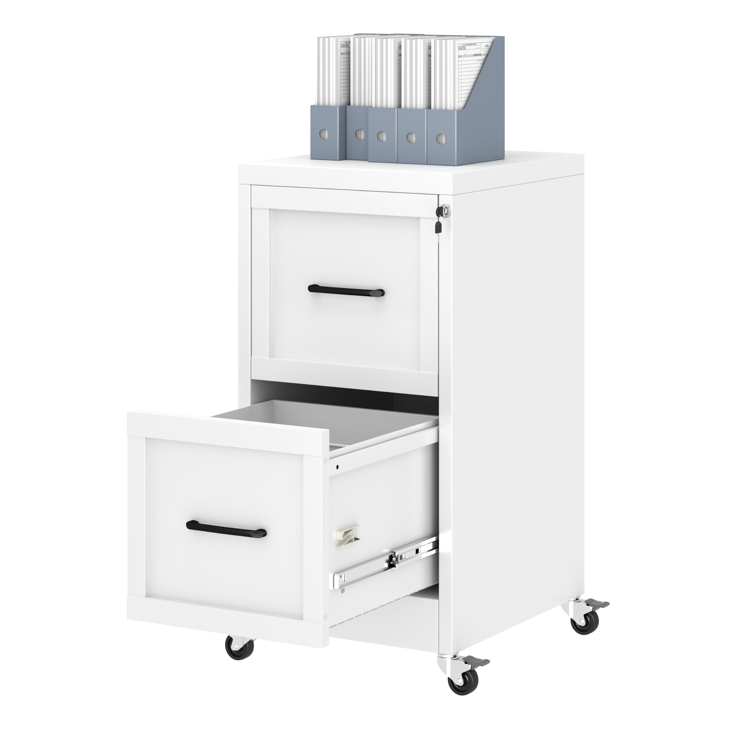 Ckzbx 2 Drawer File Cabinet with Lock, Narrow Vertical Filing Cabinet, Under Desk File Cabinets,White Metal Dresser Cabinets for Home Office,Fit Letter/A4/Legal Size File (Wheel)