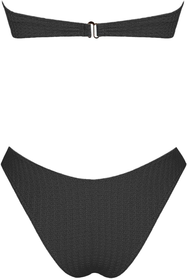 VOLAFA Women's Triangle Bikini Set Strapless Textured Bandeau Solid Cheeky Two Piece Swimsuit Bathing Suit