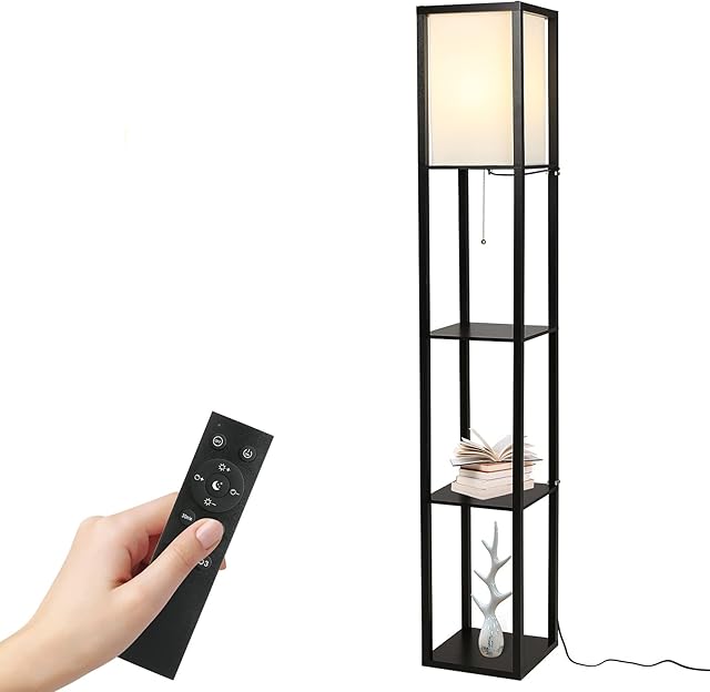Tomshine Floor Lamp with Shelves, 3 Layers Wooden Shelf Tall Lamps with Remote Control Modern Standing Lamps for Living Room Office Home Decoration (Bulb Included) (Black)