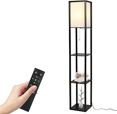 Tomshine Floor Lamp with Shelves, 3 Layers Wooden Shelf Tall Lamps with Remote Control Modern Standing Lamps for Living Room 
