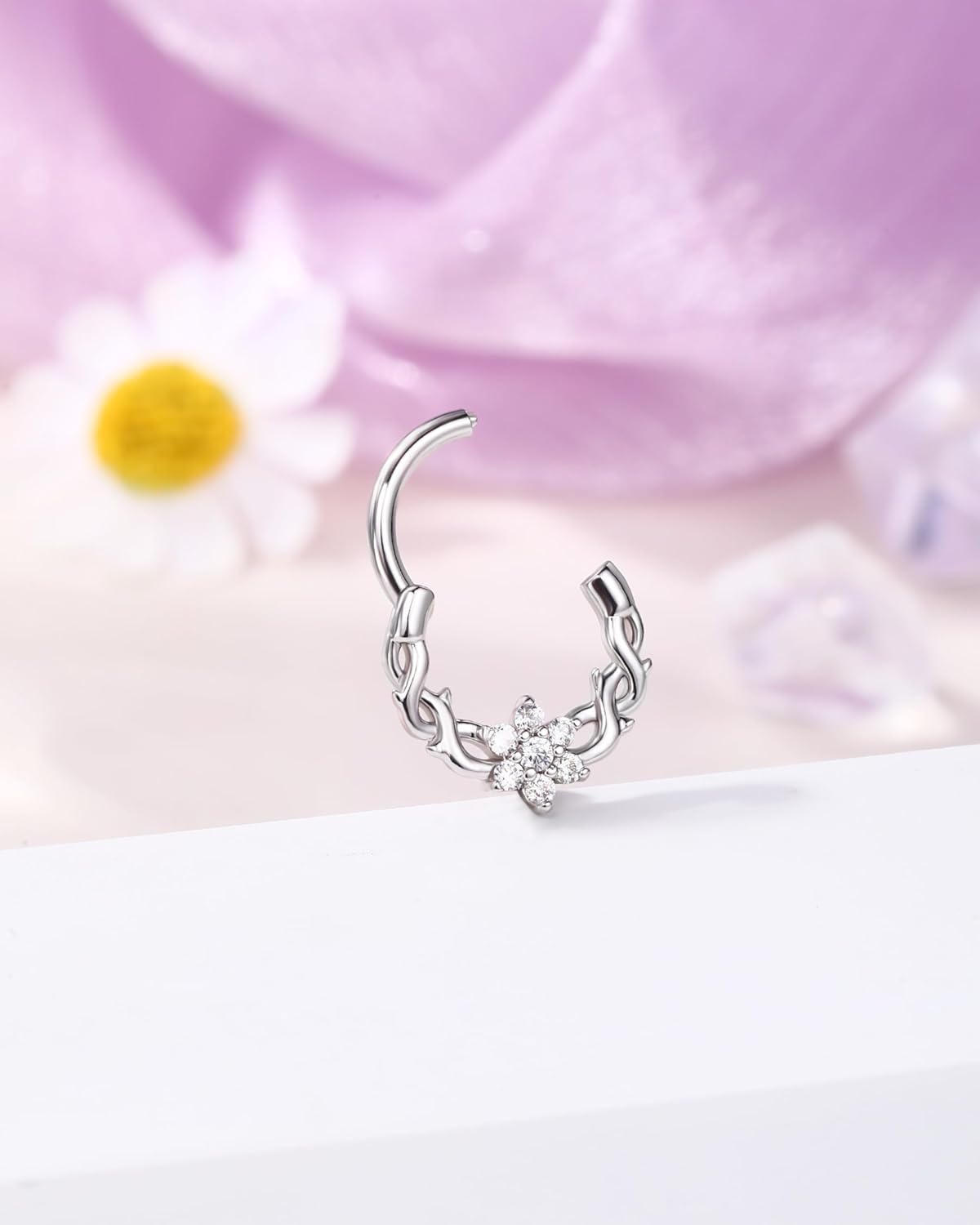 Jewseen 16G Flower Septum Rings 316L Surgical Steel Vine Septum Jewelry 8MM 10MM Hinged Clicker Daith Piercing Jewelry Dainty Daith Cartilage Helix Tragus Earring For Women - Image 5