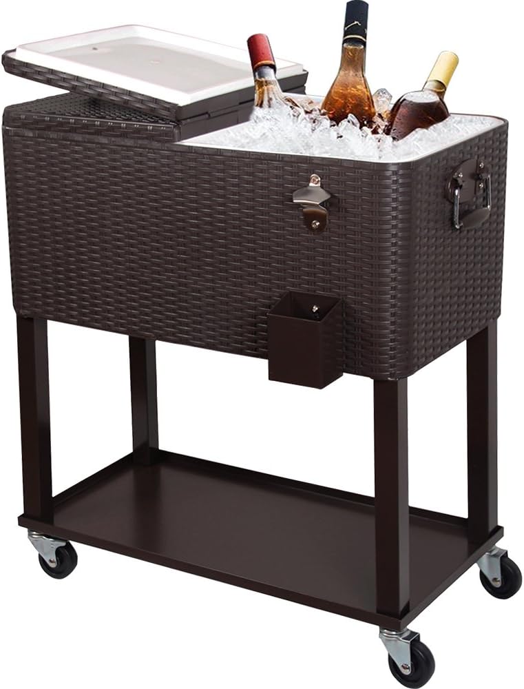 80QT Patio Cooler Cart, Beverage Outdoor Cooler with Shelf, Bottle Cap Catch Bin & Bottle Opener, Brown.