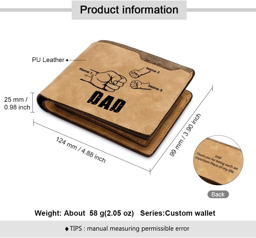 Custom Photo Wallets for Dad Personalized Gifts for Dad Engraved Mens Wallet with Picture and Family Names Customized Fathers Gifts (3 Names)