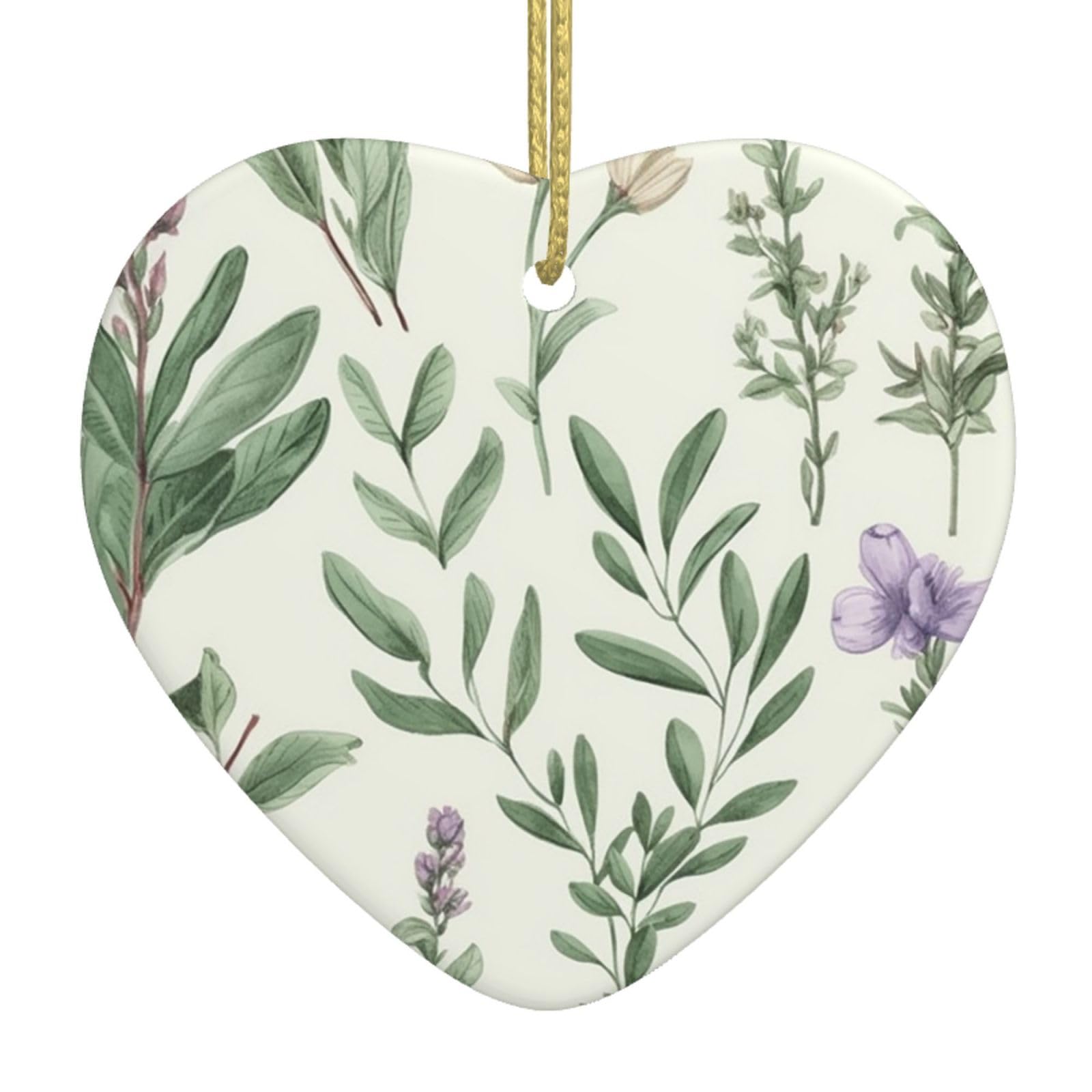 Fodpand Women's White Green Flower Herb Sage Leaves And Branches Christmas Ornaments 2025, Gift Exchange For Men, Collectible Ceramic Ornament Heart Hanging Ornaments For Christmas Tree Decoration