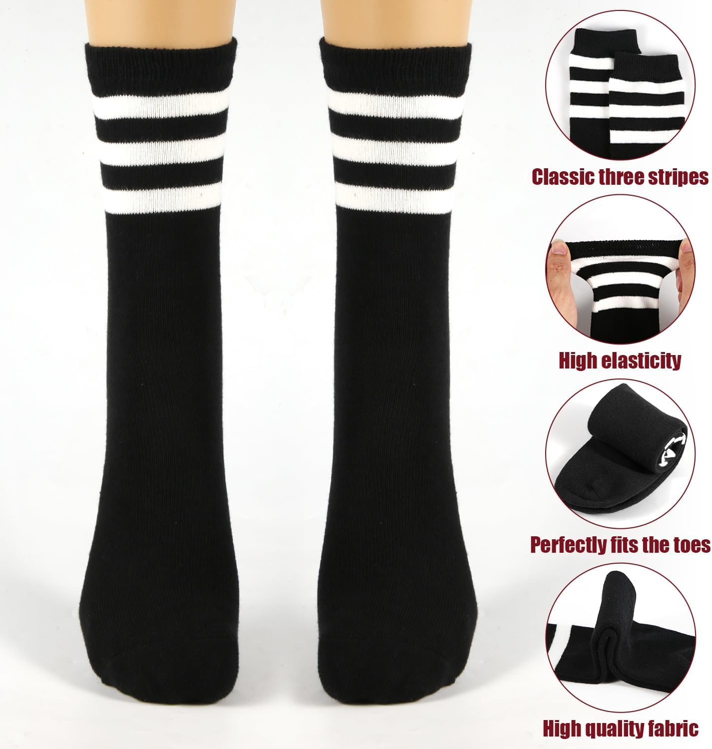 3 Pairs Soccer Socks, Soft Cotton Athletic Socks Mid Tube Socks Youth Socks Mid-Calf Socks for Sport Boys Girls Gift (Black Background White Stripes)