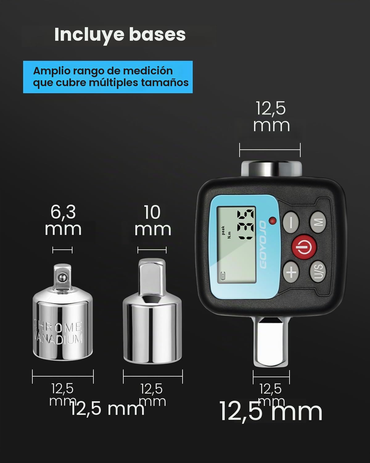 GOYOJO Llave Dinamometrica Digital, 1/2 1/4 3/8 Adaptadores de Alta Precisión 4 Unidades de Torsión Pantalla Retroiluminada Perfecto Para Automóviles Bicicletas Motocicletas y Reparaciones Del Hoga