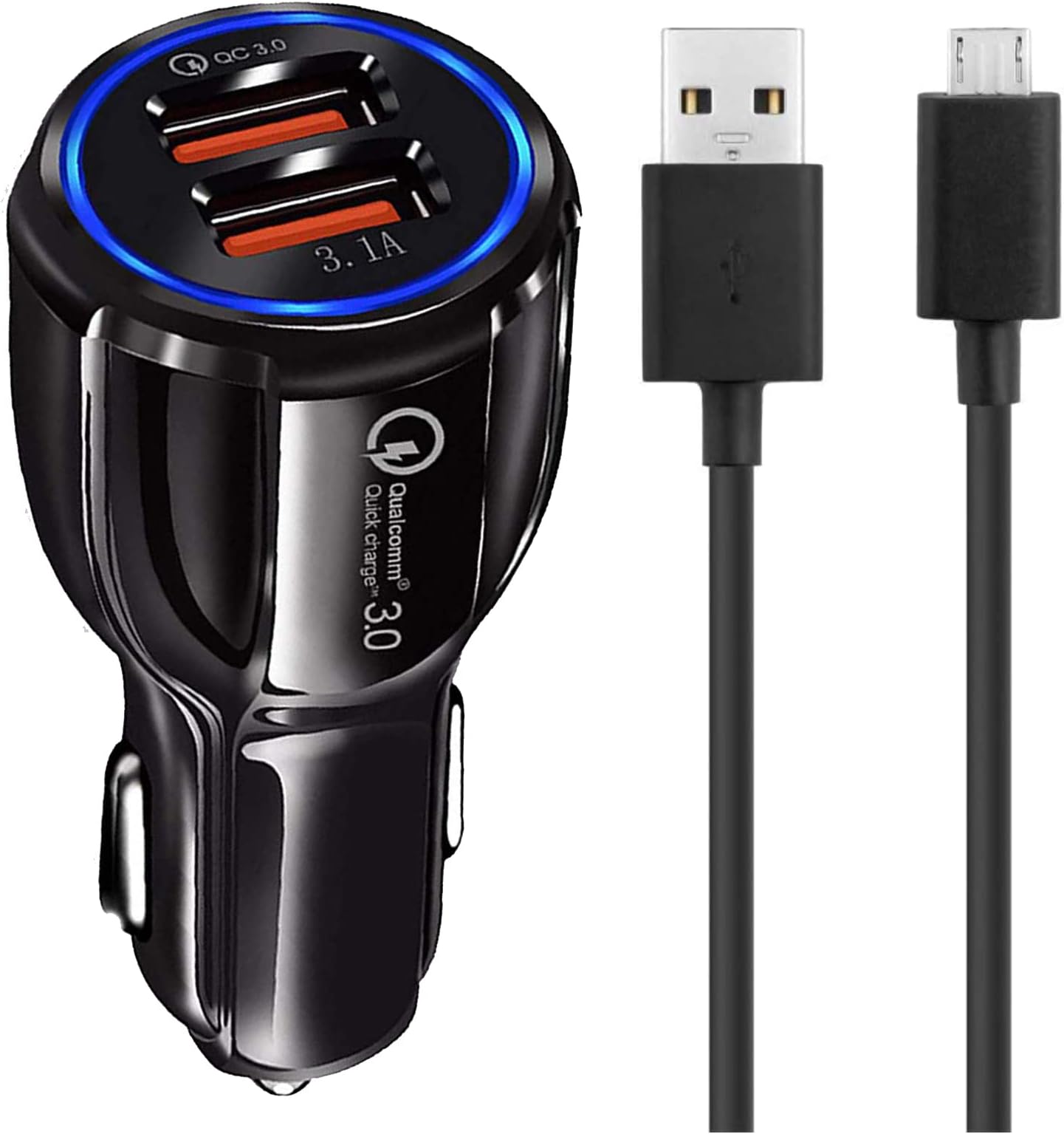 Dualport Car Charger For Tata Altroz XTA DCT XZ Diesel Opt Turbo Option Plus Dark Edition XZA Curvv Harrier XE XM XMA AT XT plus Dual Tone QC Car Charger Adapter B Type 3.0A Dual USB Port Charger Car charger adapter socket High Speed Designed for Qualcomm Certified Quick Rapid Fast Turbo Charge QC 3.0 Smart Car Charger With 1m Micro USB Charging & Sync Cable (3.1 Amp, B7, Black)