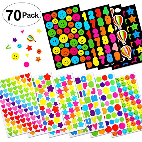 Gommettes Enfants, Rymall 70 planches Autocollants Garçons et Filles/Etoiles, Ronds, Coeurs, Lettres, Chiffres, Smileys de couleur/Loisir Créatif, Manuel et Familial Photo DIY Accessoires