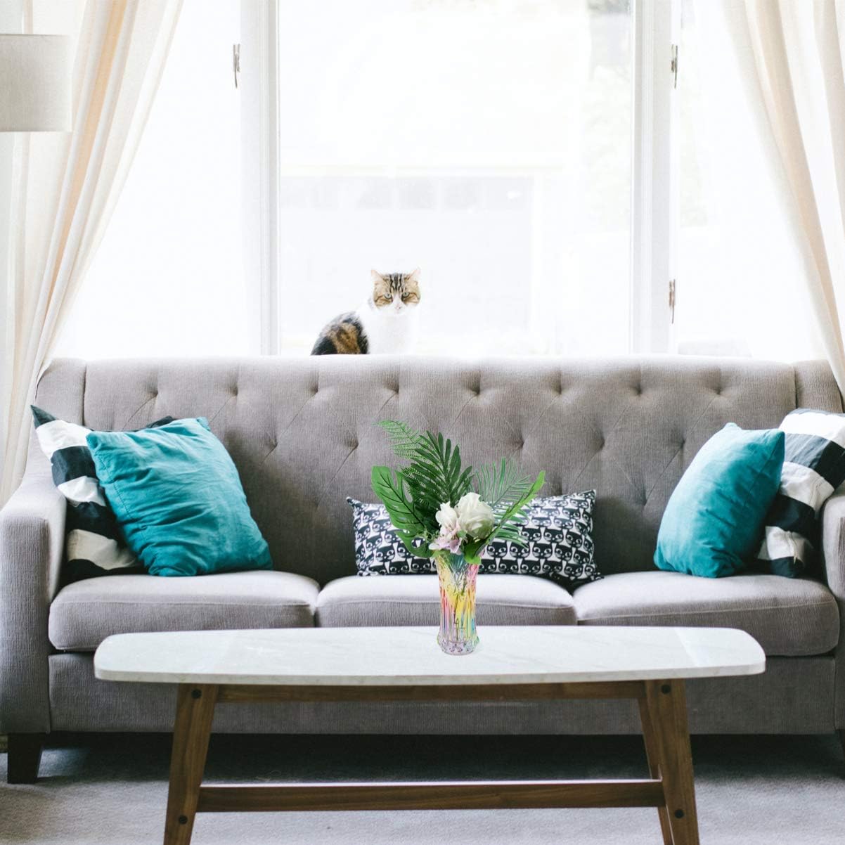 VOSAREA Rainbow Glass Vase Modern Plant Vase Decorative Table Desk Pot Holder for Home Office Indoor 24x12.5cm