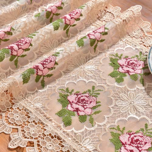 Sylvia Wu Gold Lace Table Runner 72Inches Long Doilies For Tables, Vintage Boho Embroidered Pink Flower Table Runner For Wedding Party Decorations,Summer Table Runner For Dresser Top (16X 72In) #TOP30