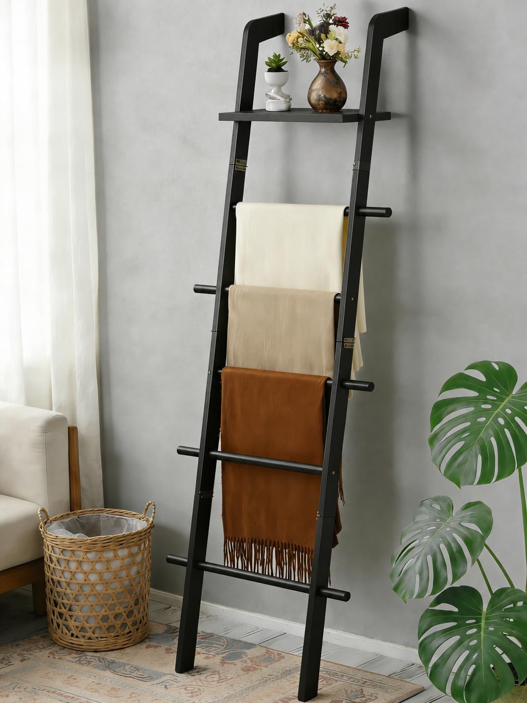 Taozun Black Blanket Ladder with Shelf for Living Room, 67-Inch Wooden 5-Tier Farmhouse Towels and Quilt Rack Decor - Wall Leaning Display Holder for Blankets and Throws