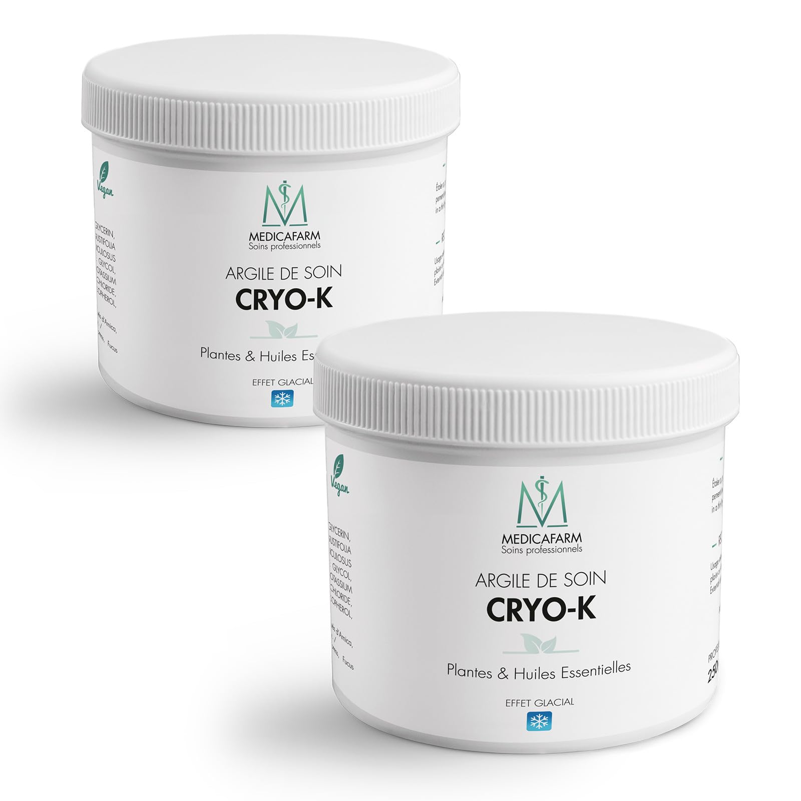 MEDICAFARM - Argile de soin CRYO-K - Aux plantes et huiles essentielles - Effet glacial - Aide à soulager les douleurs et améliorer confort circulatoire - 2 Pots de 250 g, 250.0 gramme
