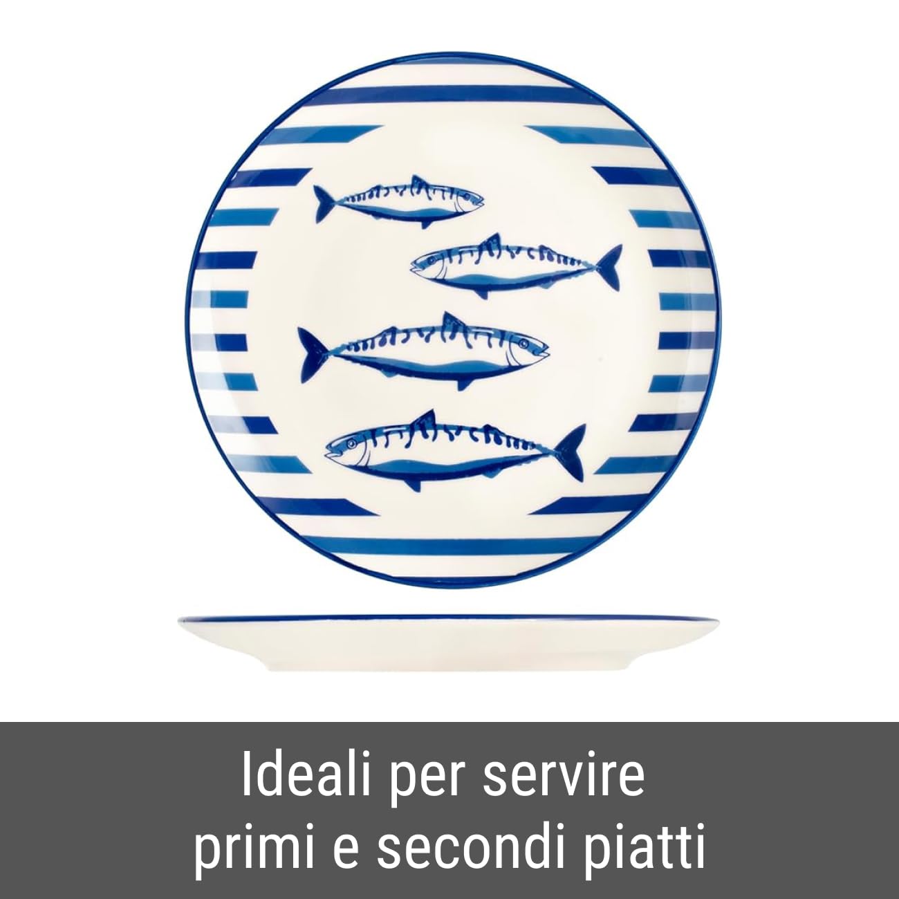 H&H-Set 12 Piatti Piani, linea Puerto, 26 cm, in stoneware, decorazioni a tema marino sui toni del blu, lavabili in lavastoviglie