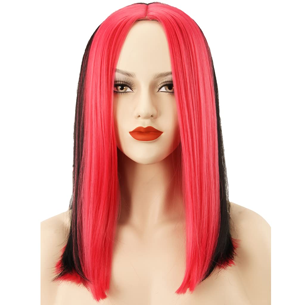 HH BuildingStrips Highlight Straight Shoulder Length Party Wig Black Rose Red Hair