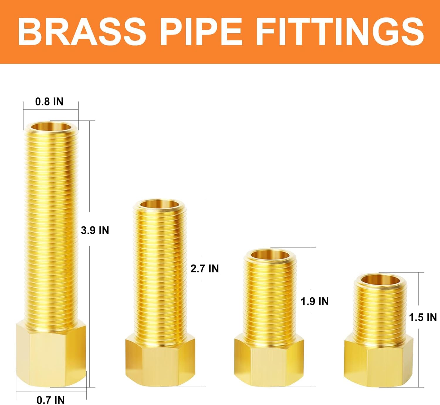GASHER 4PCS Extension Brass Pipe Fitting, 1/2" Female to 1/2" Male Pipe Hex Bushing Adapter Converter Adapter, 40 mm/50 mm/70 mm/100 mm